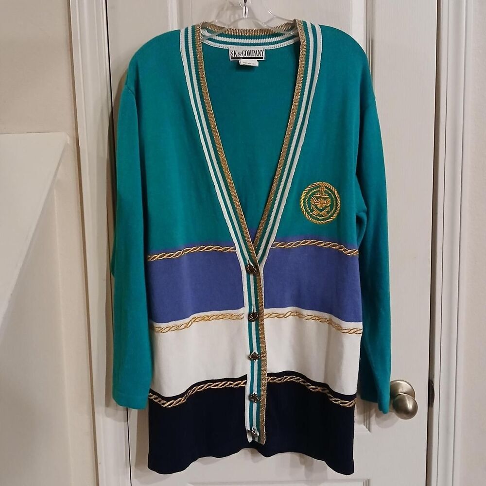 VTG 90s Nautical Striped Cardigan Gold Embroidered Crest Rope Buttons Old Money
